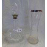 CRYSTAL DECANTER WITH SILVER RIM & CUT GLASS VASE WITH SILVER PLATED RIM