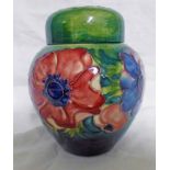 MOORCROFT GINGER JAR WITH GREEN/BLUE GROUND, ANEMONE PATTERN,