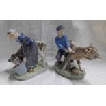 ROYAL COPENHAGEN FIGURES NO 772 & NO 779, BOY WITH CALF & GIRL FEEDING CALF - BOTH 16.