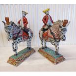 PAIR OF 18TH CENTURY DELFT HORSES & RIDERS PAINTED IN POLYCHROME COLOURS,