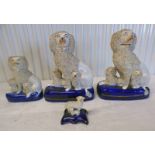 PAIR OF 19TH CENTURY STAFFORDSHIRE POTTERY ENCRUSTED SPANIELS & 2 OTHERS SIMILAR - TALLEST 21CM