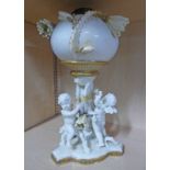 19TH CENTURY MOORES WARE PARAFFIN LAMP BASE Condition Report: Figures missing arms