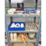 3 SHELVES OF WEDGWOOD JARDINIERE'S, LACQUER TEA BOX, SILVER PLATED WARE, BOXED ELLAR DOLLS TEASET,