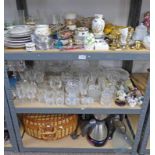 3 SHELVES OF CUT GLASS WARE, COFFEE MAKER, ORNAMENTS,