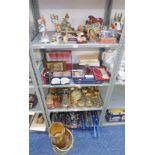 4 SHELVES OF BRASSWARE, COSTUME JEWELLERY, BORDER FINE ARTS PUPPY & ROBIN, TOOLS, ORNAMENTS,