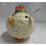 CLARICE CLIFF JAM POT WITH FRUIT DESIGN Condition Report: Overall good condition.