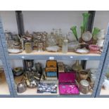 SELECTION OF SILVER PLATED WARE INCLUDING CRUET SETS, GREEN GLASS EPERGNE, CUTLERY, TROPHY'S, ETC,
