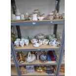 4 SHELVES OF TEASETS INCLUDING PARAGON, ROYAL ALBERT, BRASSWARE, IMARI PLATES,