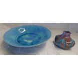 BLUE AND BROWN GLAZED LANCASTRIAN POTTERY VASE - 7 CM TALL TOGETHER WITH BLUE GLAZED LANCASTRIAN