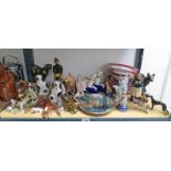 SHELF OF PORCELAIN DOGS & ANIMALS, ISLE OF LEWIS POTTERY FIGURES, DESSERT SERVICE, BRONZED DOG,