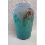MONART GLASS GREEN & WHITE BALUSTER VASE WITH MULTI COLOUR SWIRLS AND ORIGINAL LABEL TO BASE - 19.