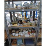 LARGE SELECTION OF PORCELAIN ETC INCLUDING ORNAMENTS, PORTMERION TIGER LILLY STORAGE JARS, RECORDS,