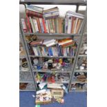 5 SHELVES OF BOOKS, GLASSWARE, CUSHIONS, ORIENTAL DINNERWARE, SEWING ITEMS,