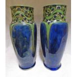 PAIR OF NOUVEAU ROYAL DOULTON VASES WITH SCROLL DESIGN TO NECK AND BLUE BODY - 25.