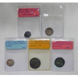 5 SCOTTISH COINS TO INCLUDE CHARLES I 20 PENNY PIECE, CHARLES II BAWBEE, JAMES V BAWBEE,