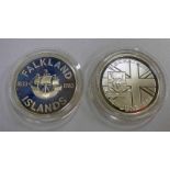 1982 FALKLAND ISLANDS LIBERATION CROWN SILVER PROOF 50 PENCE AND 1983 FALKLAND ISLANDS 150TH