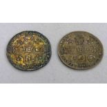 1728 GEORGE II SIXPENCE WITH PLUMES & 1745 GEORGE II SIXPENCE WITH ROSES