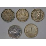 FIVE CANADIAN DOLLARS: 1936, 1939, 1951,