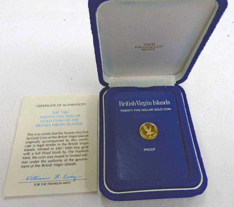 1980 BRITISH VIRGIN ISLANDS TWENTY FIVE DOLLAR GOLD COIN, IN CASE OF ISSUE WITH C.O.A.