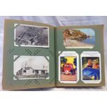POSTCARD ALBUM TO INCLUDE VARIOUS LOCOMOTIVES, MILITARY POSTCARDS, NEW ORLEANS, JERSEY, COMIC CARDS,