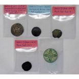 4 SCOTTISH COINS TO INCLUDE MARY I PLAQUE, JAMES IV PLAQUE, CHARLES I TURNER,