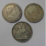 1819 & 1820 GEORGE III CROWNS AND 1821 GEORGE IV CROWN