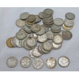 SELECTION OF 65 SILVER THREEPENCE COINS & THREE 5 CENTIME COINS,