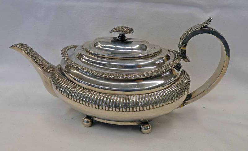 GEORGE III SILVER TEAPOT WITH GADROONED DECORATION, FOLIATE DECORATED FINIAL ON 4 BALL FEET,