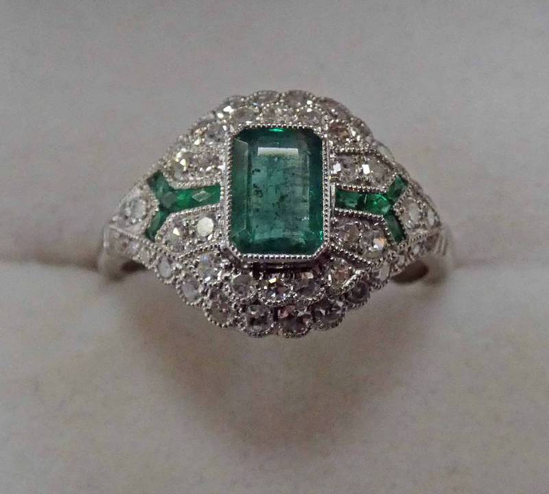 ART DECO STYLE EMERALD & DIAMOND CLUSTER RING,