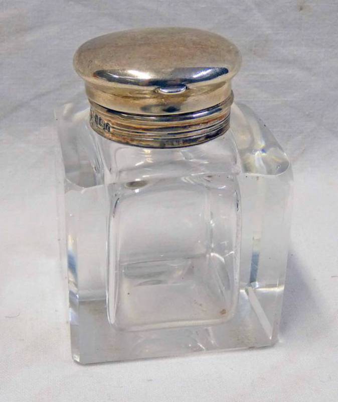 SILVER TOPPED CUT GLASS INKWELL,