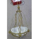 GILT HANGING BASKET STYLE LIGHT FITTING MOUNTED WITH 5 RAMS HEADS 70CM TALL