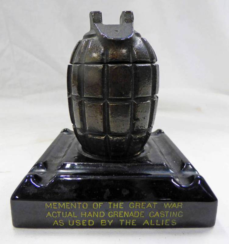MILLS BOMB ORNAMENT MARKED "MEMENTO OF THE GREAT WAR ACTUAL HAND GRENADE CASTING AS USED BY THE