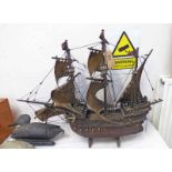 CARVED WOODEN MODEL OF A 16 GUN TRIPLE MASTED GALLEON,