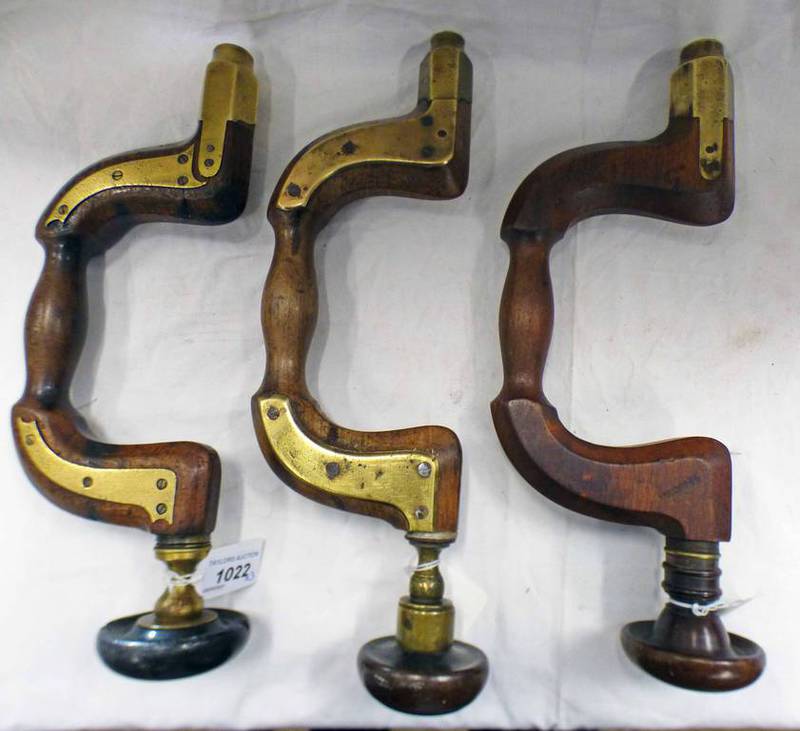 THREE BEECH WOOD WORKING BRACES WITH BRASS FITTINGS ONE MARKED JAMES HOWORTH -3-