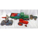 METTOY TINPLATE TRACTOR TOGETHER WITH VARIOUS PLAYWORN VEHICLES INCLUDING PLANE, TRUCKS,