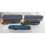 HORNBY 00 GAUGE BR BLUE/YELLOW HST POWER CAR TOGETHER WITH TRAILER CARS AND CLASS 37 BR BLUE /