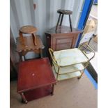 CORNER CABINET, POT STAND ON BARLEY TWIST SUPPORTS, 3 TIER TROLLEY, STOOLS,