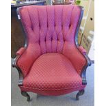 MAHOGANY FRAMED CHAIR IN MAROON COVERING