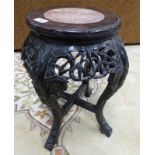 ORIENTAL CARVED HARDWOOD PLANTSTAND WITH MARBLE INSET TOP - 48 CM TALL