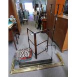 OAK FOLDING CLOTHES RAIL, 2 BRASS FENDERS, 3 TRAVEL RUGS,