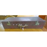 RED LEATHER BOUND CAR TRUNK WITH GREEN INTERIOR - 94CM LONG.