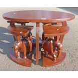 MAHOGANY NEST OF 5 TABLES INCLUDING 1 LARGER OVAL TABLE ON SHAPED SUPPORTS LENGTH 76CM AND 4