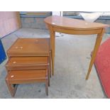 NEST OF 3 TEAK TABLES AND TEAK HALF MOON TABLE ON TAPERED SUPPORTS LENGTH 79CM