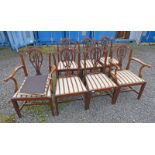 7 MAHOGANY DINING CHAIRS WITH DECORATIVE BACKS ON SQUARE TAPERED SUPPORTS