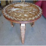EASTERN HARDWOOD CIRCULAR TABLE WITH DECORATIVE BONE INLAY ON SHAPED SUPPORTS WIDTH 50CM