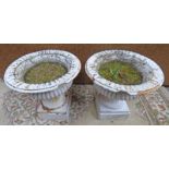 PAIR OF CAST IRON GARDEN URNS ON PEDESTALS 49CM TALL