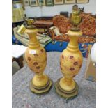 PAIR OF GLASS & ENAMEL DECORATED TABLE LAMPS ON BRASS BASES WITH FLORAL DECORATION