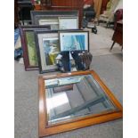 OAK FRAMED MIRROR IN THE ARTS & CRAFTS STYLE OVERALL SIZE 63CM X 74CM & SELECTION OF PICTURES &