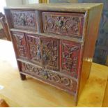 ORIENTAL TABLETOP CABINET WITH 2 DRAWERS OVER 2 PANEL DOORS OVER DRAWER WITH CARVED DECORATION 36