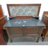 ARTS & CRAFTS STYLE MARBLE TOPPED OAK WASHSTAND WITH FLORAL BACK Condition Report: